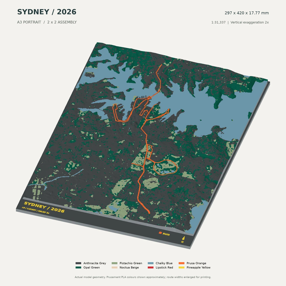 Sydney Marathon, A3 digital model preview showing raised terrain and route; not physical product photography