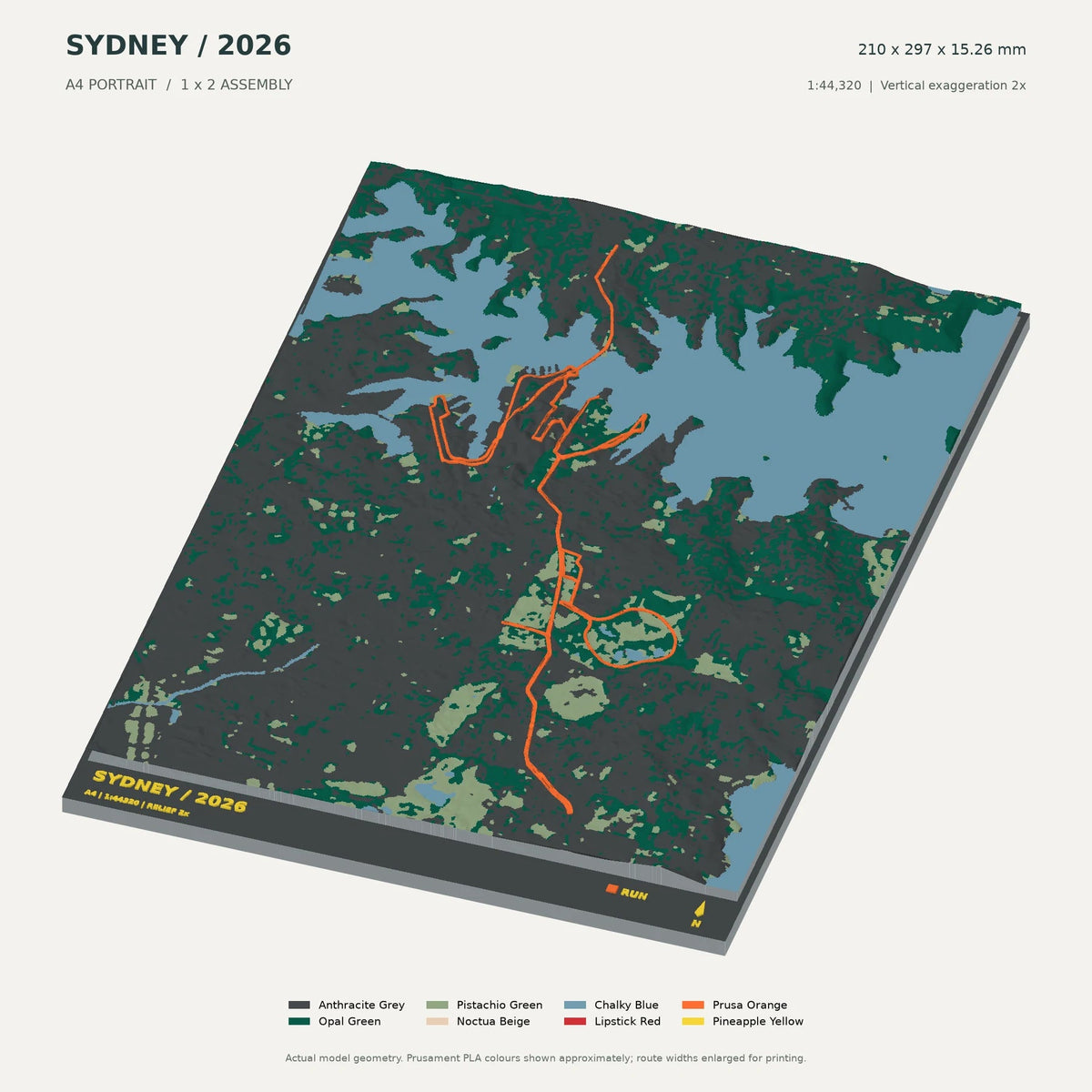 Sydney Marathon, A4 digital model preview showing raised terrain and route; not physical product photography