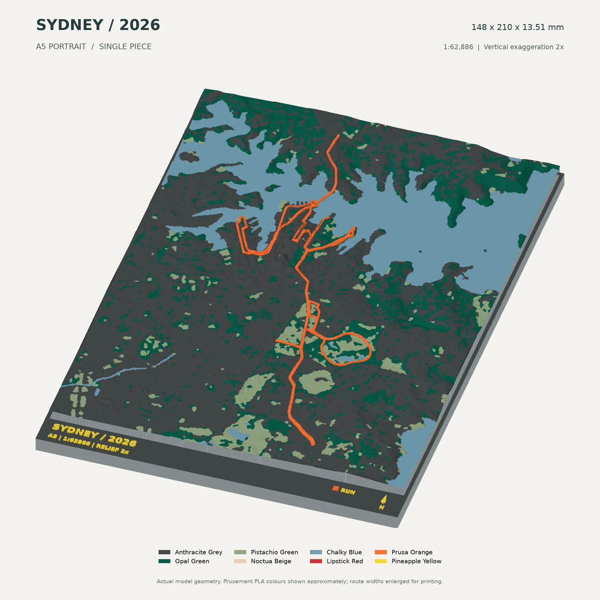 Sydney Marathon, A5 digital model preview showing raised terrain and route; not physical product photography