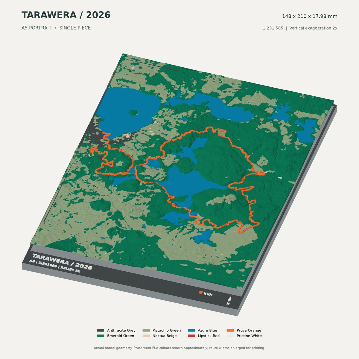 Tarawera TMiler, A5 digital model preview showing raised terrain and route; not physical product photography