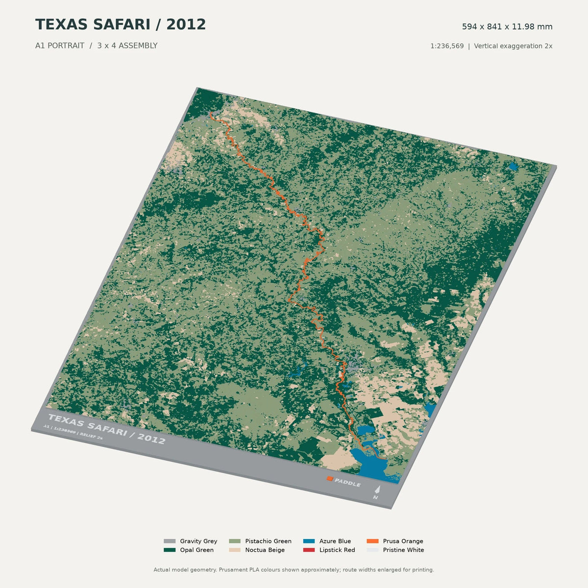 Texas Water Safari, A1 digital model preview showing raised terrain and route; not physical product photography