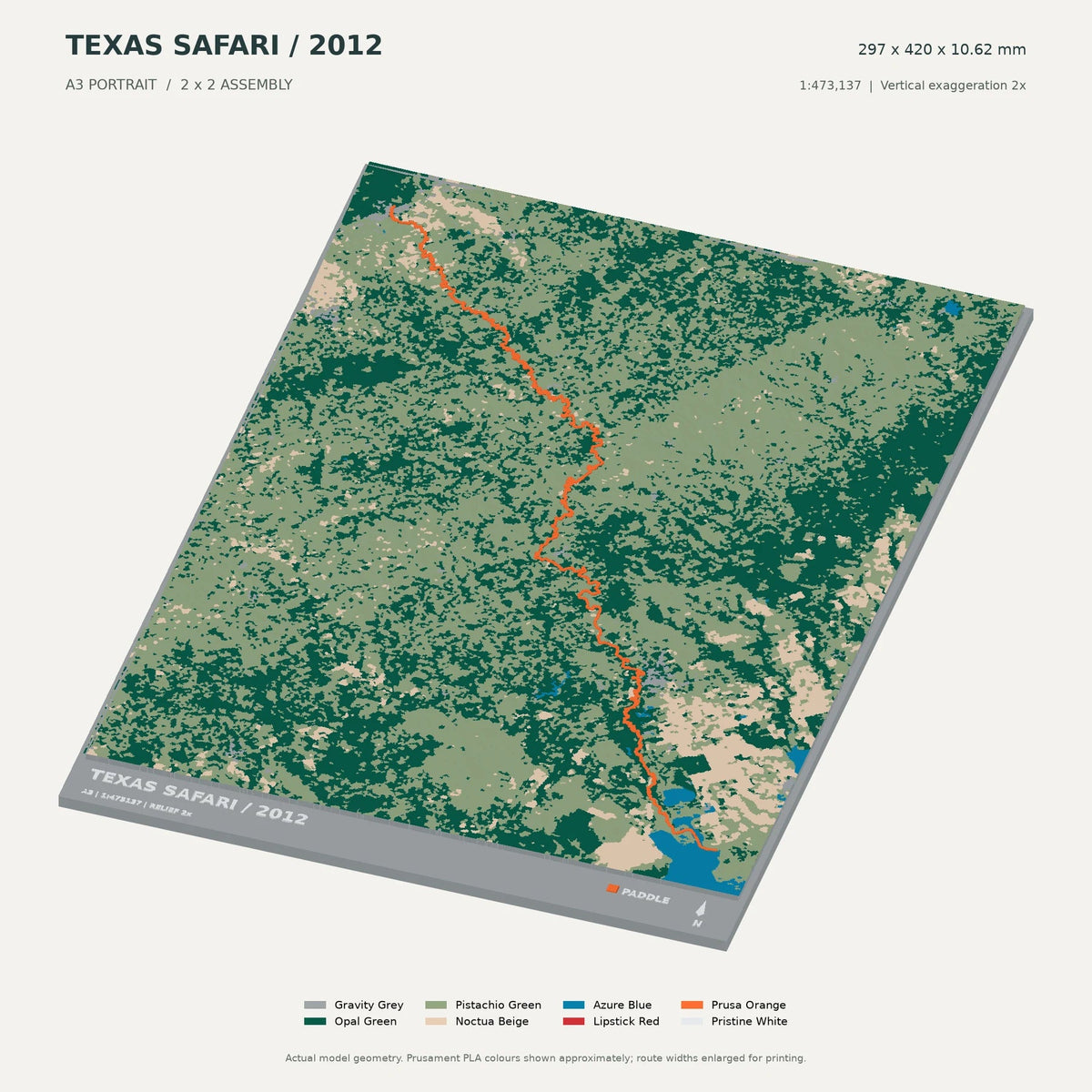 Texas Water Safari, A3 digital model preview showing raised terrain and route; not physical product photography