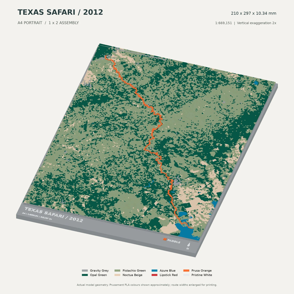 Texas Water Safari, A4 digital model preview showing raised terrain and route; not physical product photography
