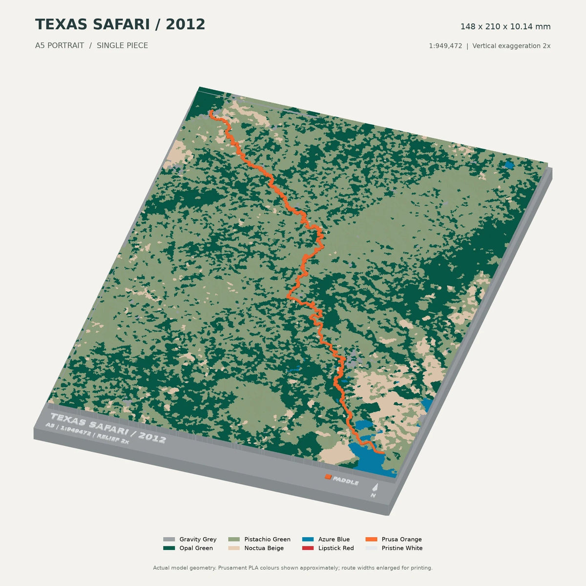 Texas Water Safari, A5 digital model preview showing raised terrain and route; not physical product photography