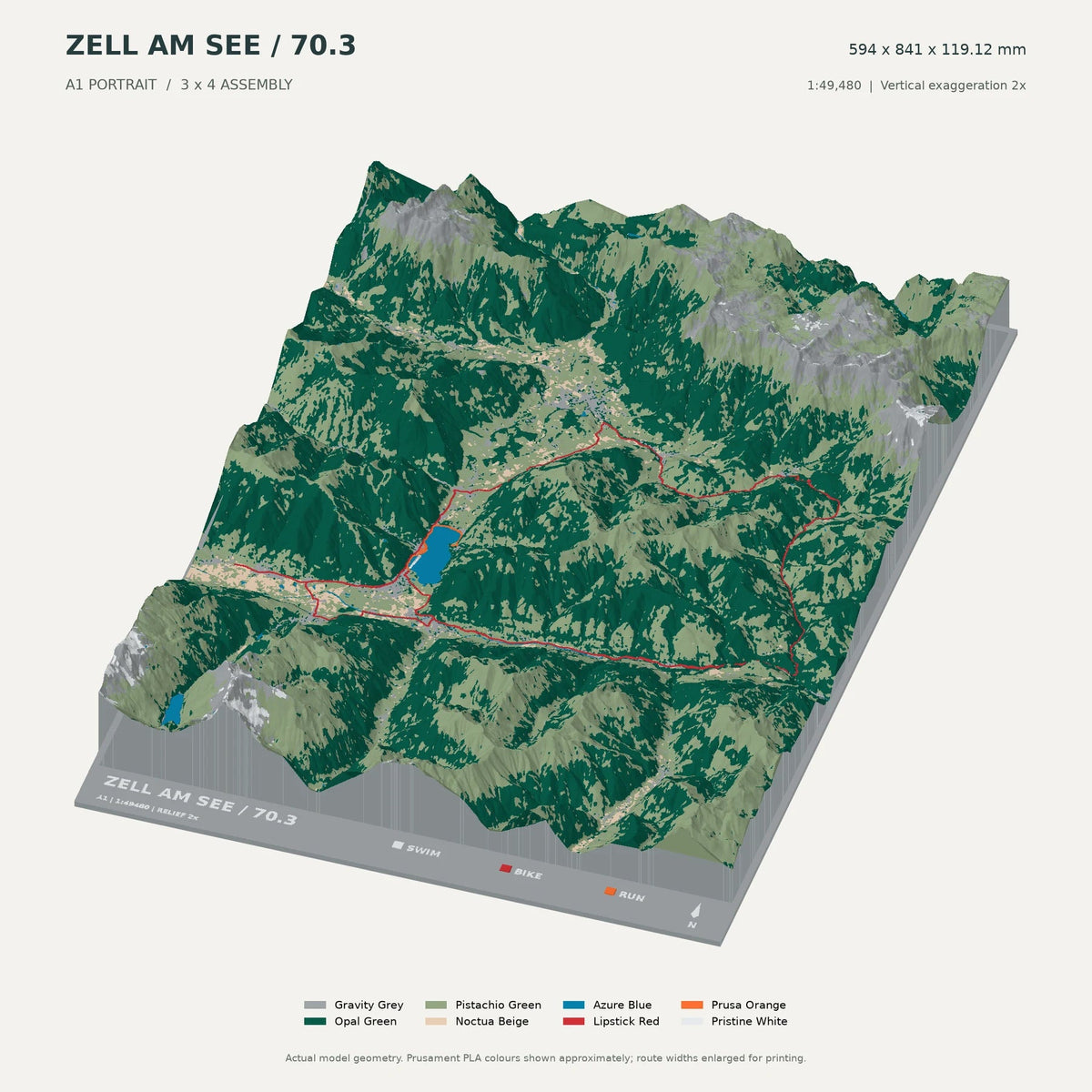 IRONMAN 70.3 Zell am See–Kaprun, A1 digital model preview showing raised terrain and route; not physical product photography