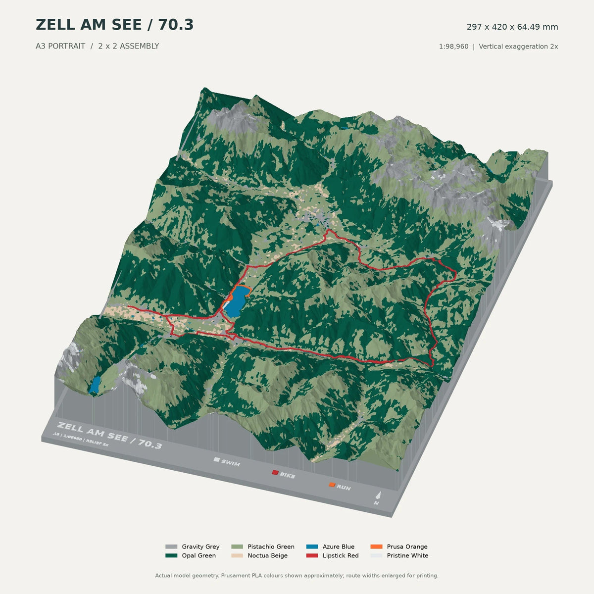 IRONMAN 70.3 Zell am See–Kaprun, A3 digital model preview showing raised terrain and route; not physical product photography