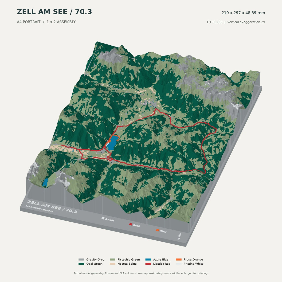 IRONMAN 70.3 Zell am See–Kaprun, A4 digital model preview showing raised terrain and route; not physical product photography