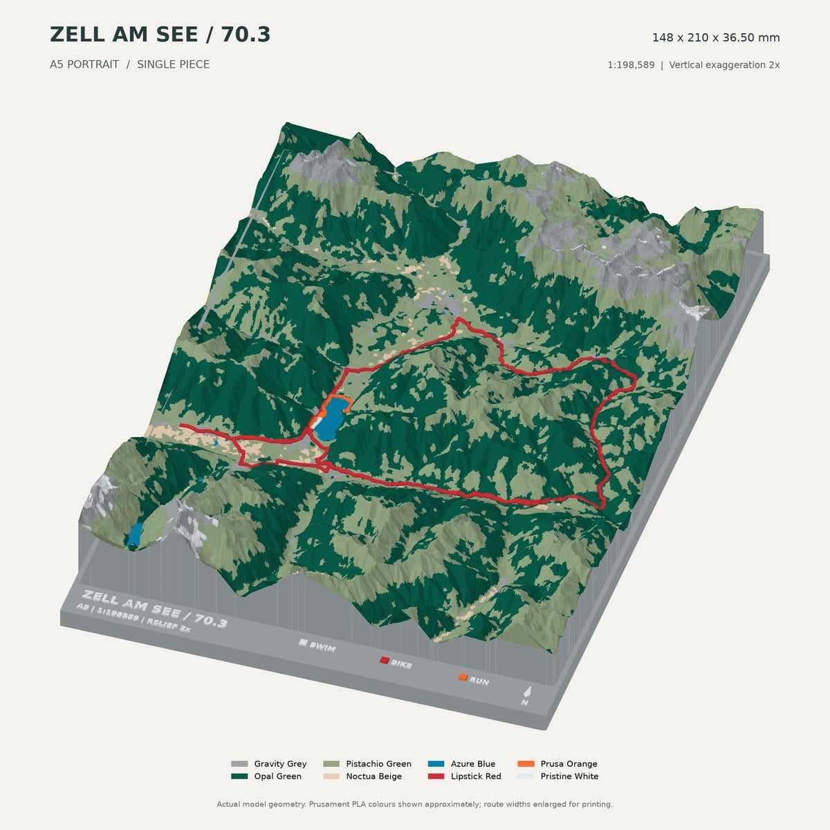 IRONMAN 70.3 Zell am See–Kaprun, A5 digital model preview showing raised terrain and route; not physical product photography