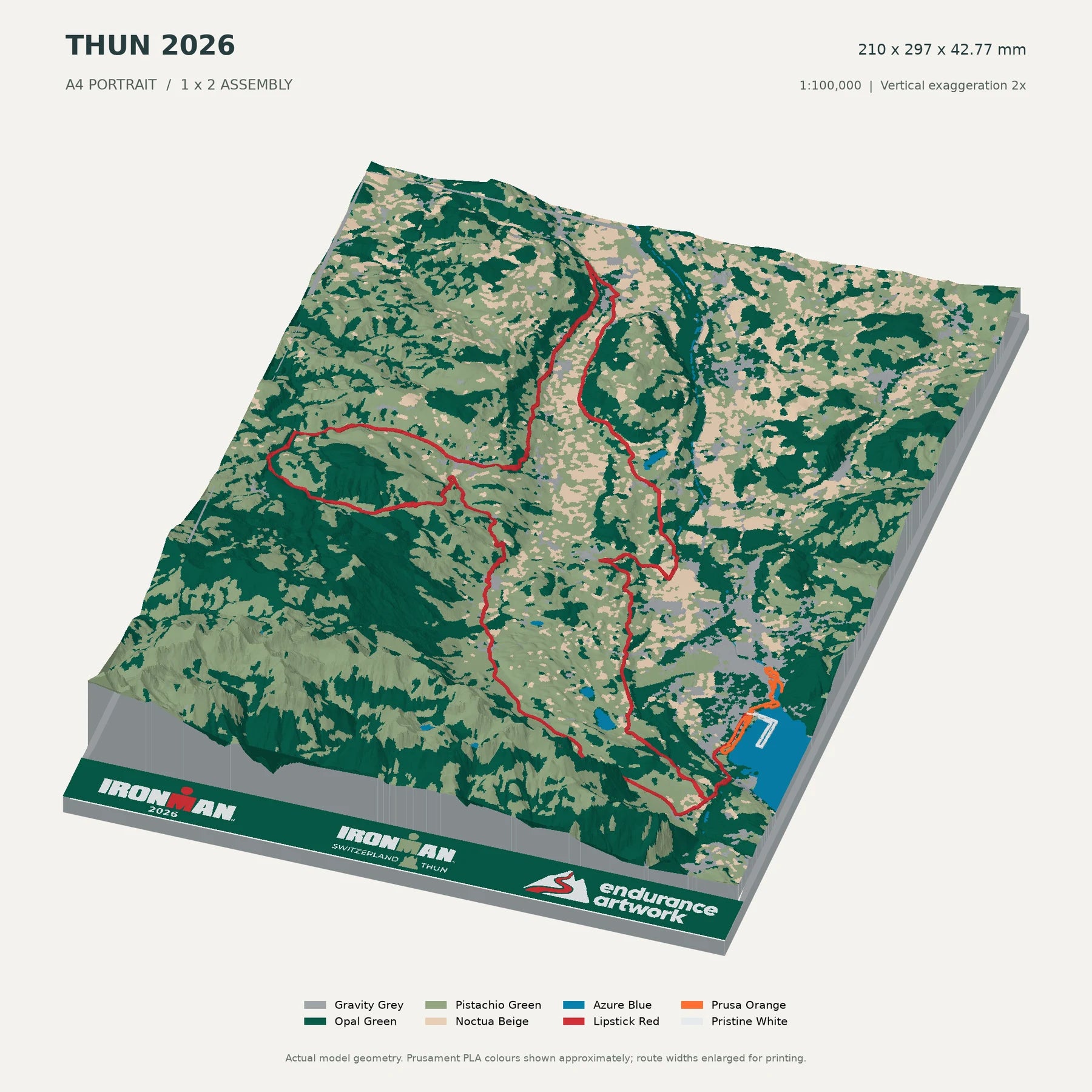 Latest Thun A4 oblique digital model with natural terrain and three logos along the green bottom band